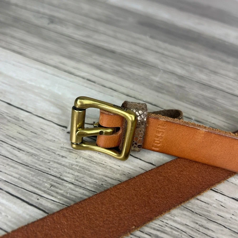 Vintage Fossil Belt Womens Size M Brown Leather Skinny Snake Python Mob